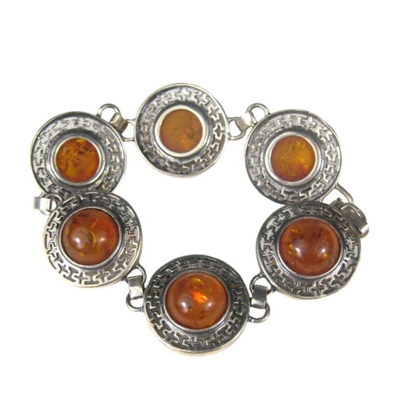 JD Vintage Baltic Amber Cabochon Sterling Silver 925 Panel Bracelet 8in Jewelry